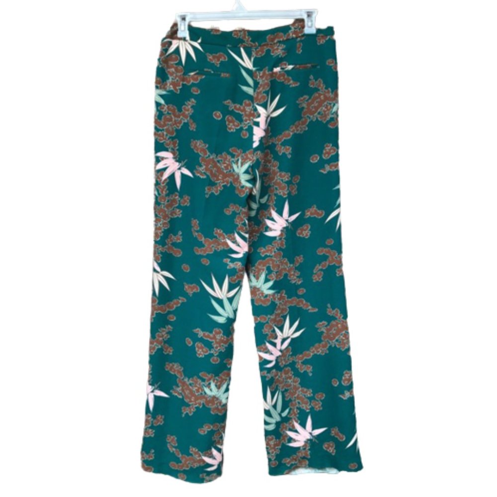 ZARA Crepe Floral Leaf Motif Green/Brown/Pink  Trouser Pants Sz M